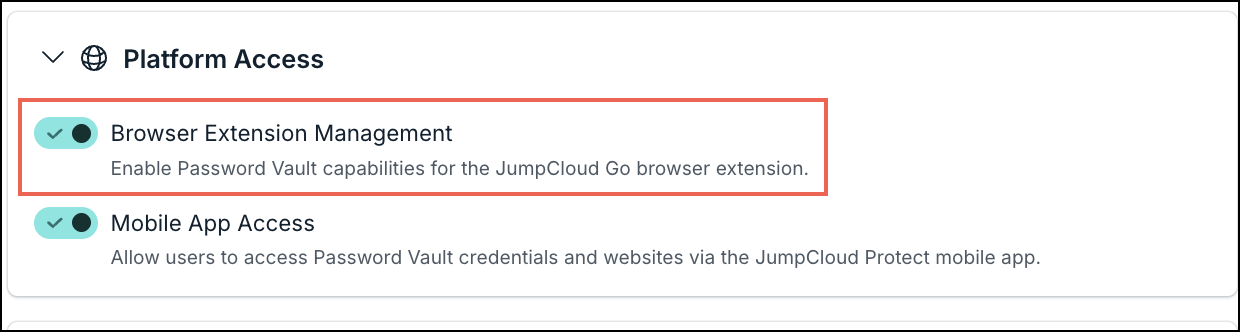 A screen showing Platform Access options in JumpCLoud Admin portal